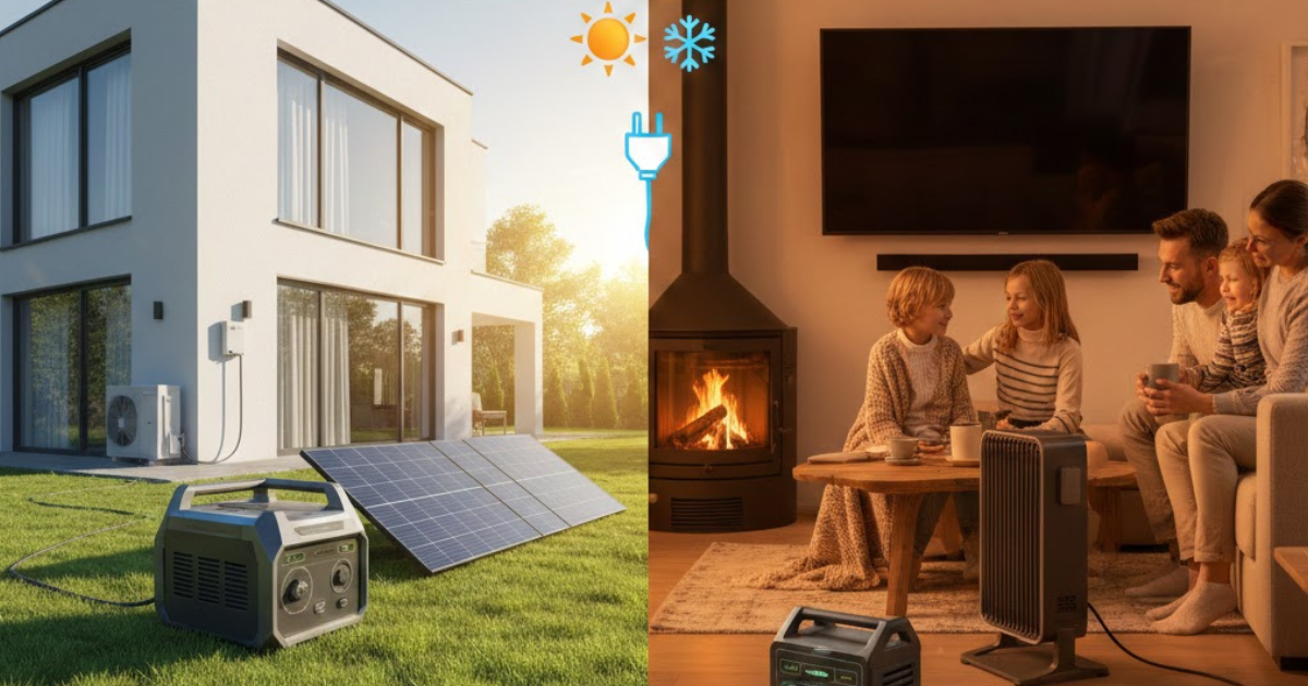 Solar generator running AC unit and heater in a modern home, split image showing power for both cooling and heating big home appliances.