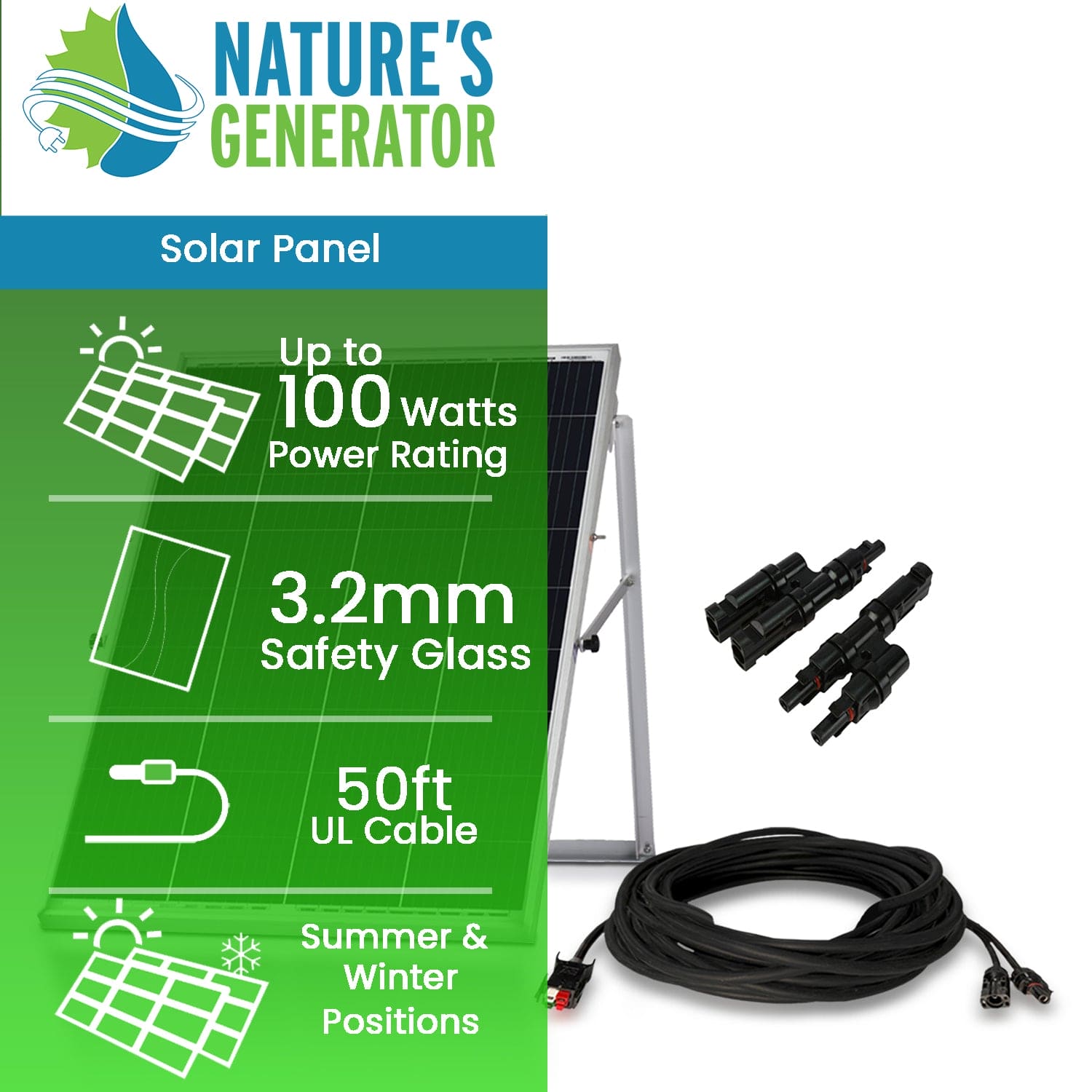 100W Solar Panel with MC4 and 50ft Cable Hover