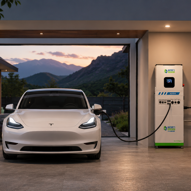Can you charge an electric vehicle with a solar generator? Learn how Level 1 and Level 2 emergency off-grid charging works with the Nature's Generator MyGrid 10K.