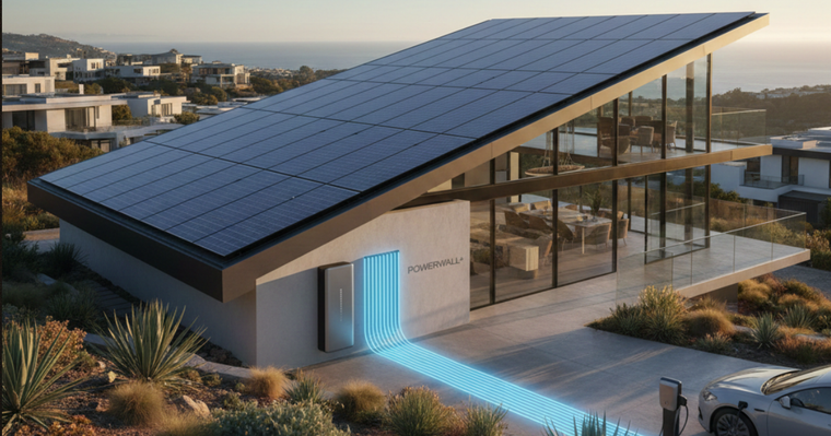 Nature's Generator - Modern eco-friendly home with rooftop solar panels, home battery storage, and an electric vehicle charging at sunset.
