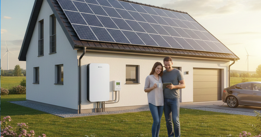 Nature's Generator - A modern eco-friendly home featuring rooftop solar panels and a wall-mounted whole-house battery generator.