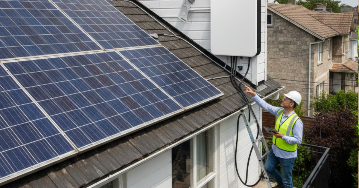 Existing home solar panels with a newly added white battery backup unit mounted on the exterior wall. An installer on a ladder is connecting the system.