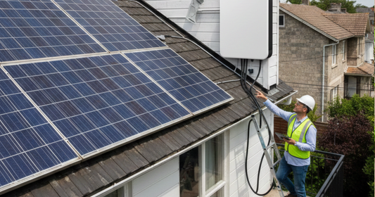 Existing home solar panels with a newly added white battery backup unit mounted on the exterior wall. An installer on a ladder is connecting the system.