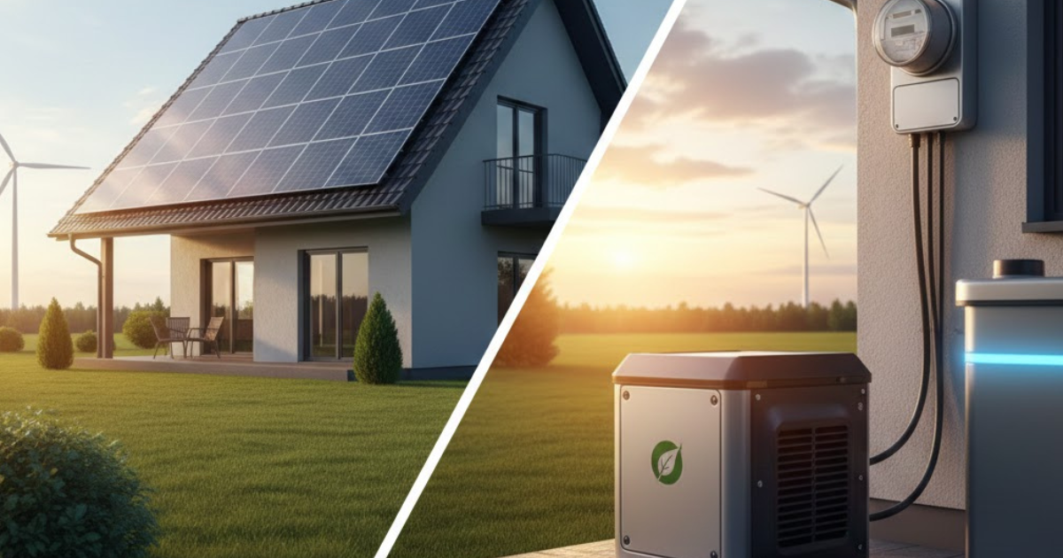 Split image showing a modern home with solar panels on the left, and a residential backup generator with an eco-leaf icon and a battery storage unit on the right, under a sunset sky