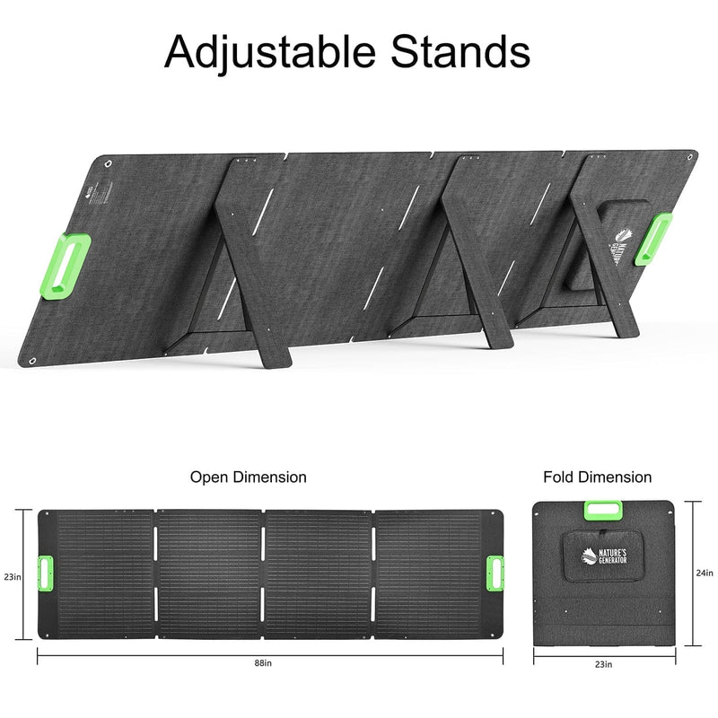 Nature's Generator 200W Folding Solar Panel - Product - Folding stand with adjustable stands on a white background, showing open and fold dimensions. 6