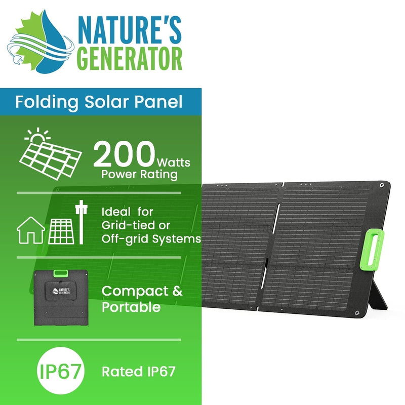 Nature's Generator 200W Folding Solar Panel - Product - Nature's Generator folding solar panel with specifications on a green and white background 2