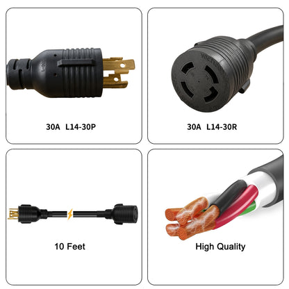 Product - Four-panel product feature graphic for a black 30A L14-30P extension cord. The panels show close-ups of the plug, connector end, cable length labeled 10 Feet, and exposed wire colors with the text 'High Quality' on a white background.