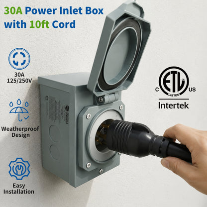 Scene -  A gray outdoor power inlet box with a hinged lid open, showing a hand plugging in a black power cord. The image includes text reading '30A Power Inlet Box with 10ft Cord' and feature icons for 30A/125V, weatherproof design, and easy installation, plus an Intertek ELV Listed badge.