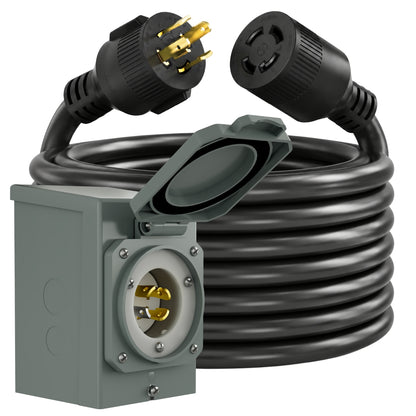 Product - A heavy-duty 3/4 inch black extension cord with a gray junction box and an open protective cover, featuring dual heavy-duty industrial plugs with gold-colored pins, shown on a white background.