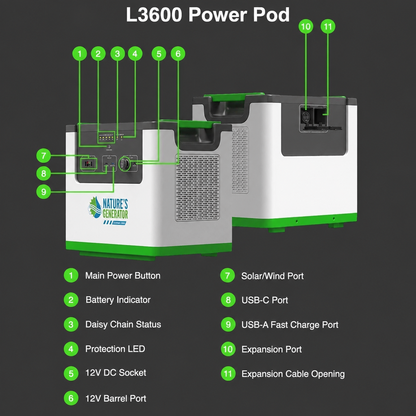 Product - L3600 Power Pod generator set shown on a dark gray background with numbered callouts and labels identifying ports and controls, including the main power button, battery indicator, Daisy chain status, protection LED, 12V DC socket, 12V barrel port, solar/wind port, USB-C port, USB-A fast charge port, expansion port, and expansion cable opening.