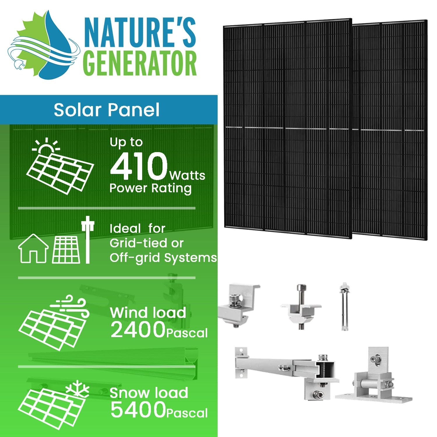 410 Watt Monocrystalline Solar Panel (4 Pack) With Solar Panel Mount Rack - Nature's Generator