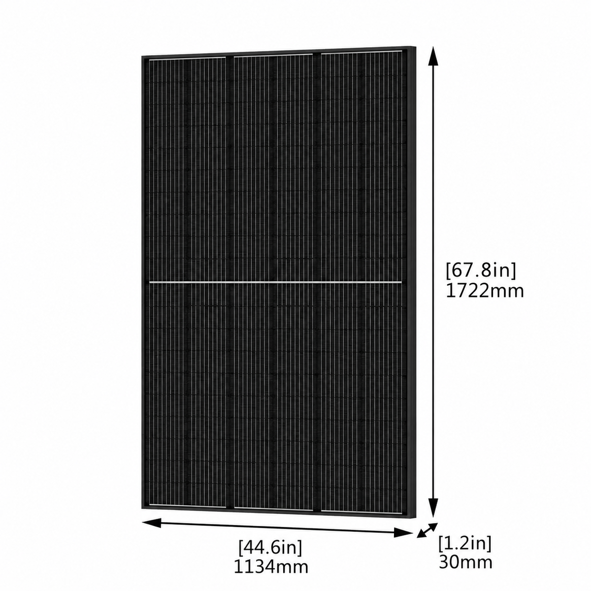 A black rectangular solar panel shown on a white background with dimension arrows and text indicating width 44.6 in (1134 mm) and height 67.