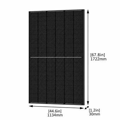 A black rectangular solar panel shown on a white background with dimension arrows and text indicating width 44.6 in (1134 mm) and height 67.
