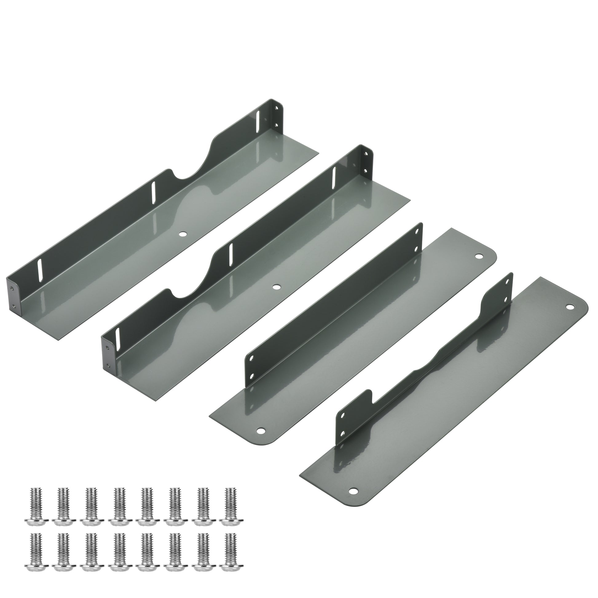 Product - Set of metal brackets and screws on a white background