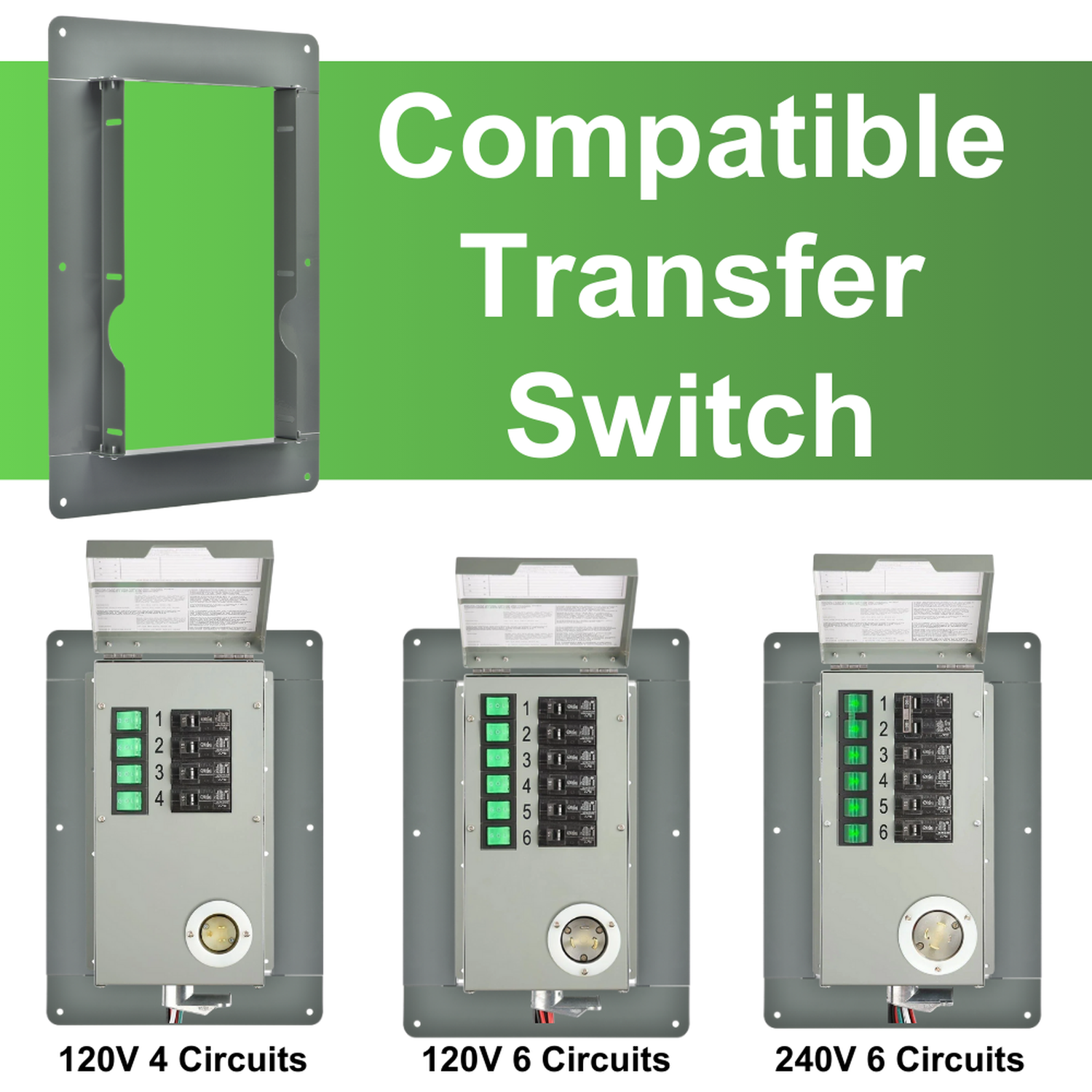 Product - Transfer switch with compatibility text on a green background