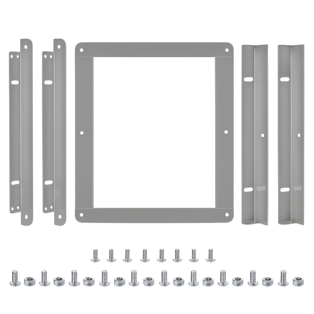 Metal frame assembly with brackets and screws on a white background
