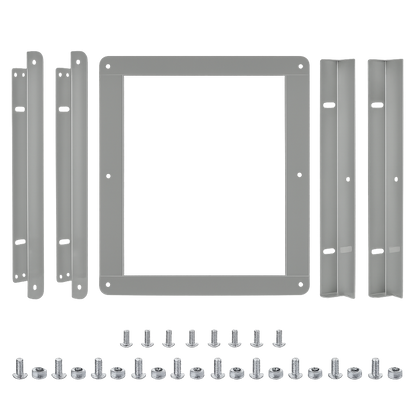 Metal frame assembly with brackets and screws on a white background