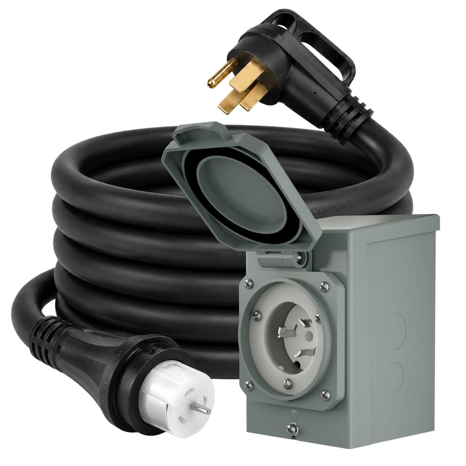Product - A heavy-duty  outdoor power cable with a gray Inlet box and a 4-prong outlet, shown on a white background.