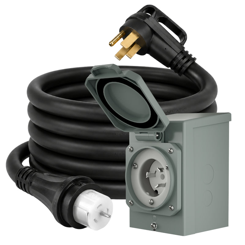 Nature's Generator 50A Power Inlet Box - Product - A heavy-duty  outdoor power cable with a gray Inlet box and a 4-prong outlet, shown on a white background. 3