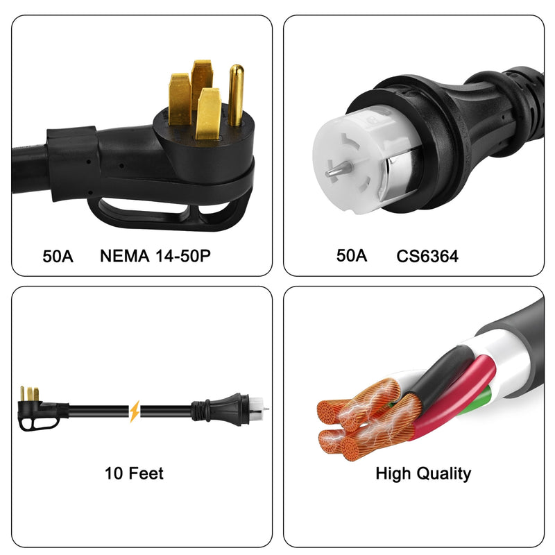 Nature's Generator 50A Power Inlet Box - Product - Power cord with NEMA 14-50P plug, CS6364 plug, 10 feet length, and high-quality cable. 14