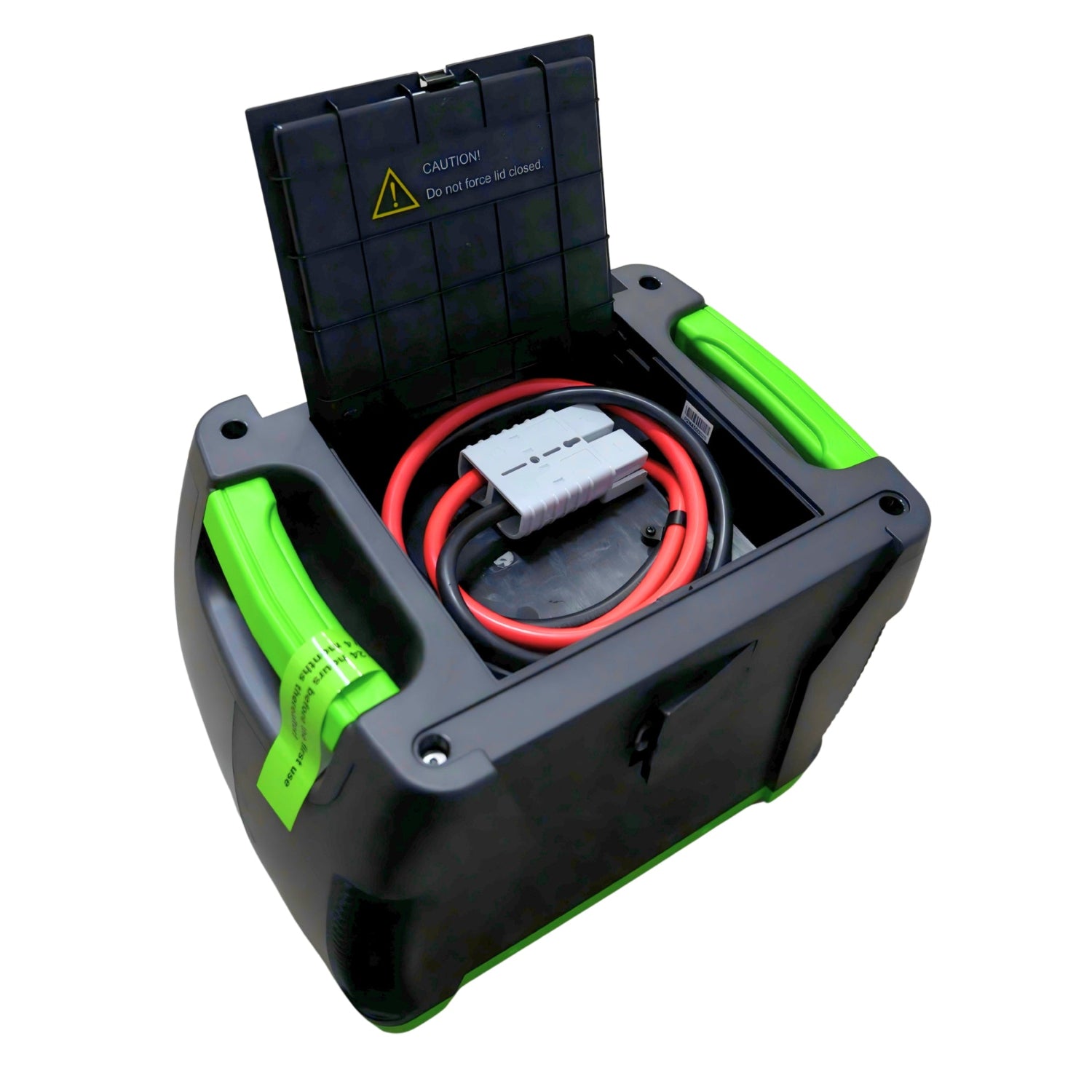 Product - Black and green electrical box with cables and connectors on a white background