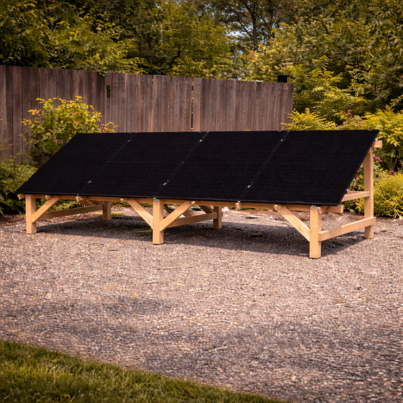 410 Watt Monocrystalline Solar Panel (4 Pack) - Scene - Solar panels on a wooden frame outdoors with trees in the background 7