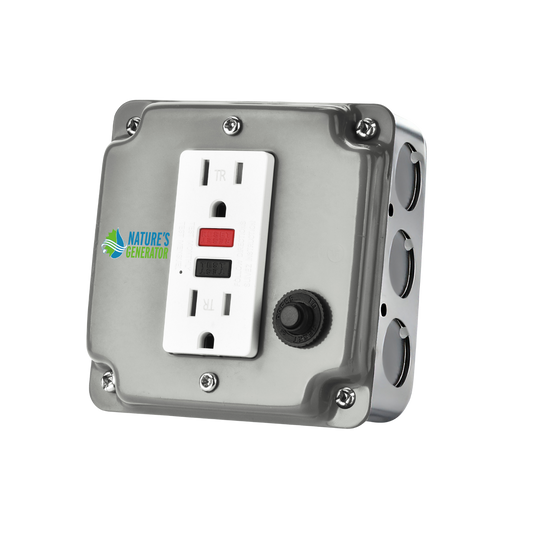Electrical outlet with switch and label on a white background