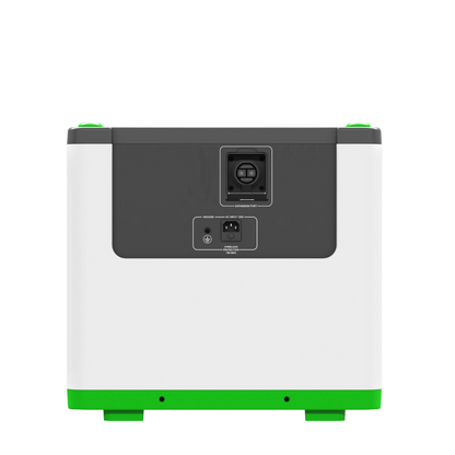 Product - The rear view of a compact rectangular device with a white body, a dark gray back panel, and bright green accents at the base and top corners, shown on a plain white background.