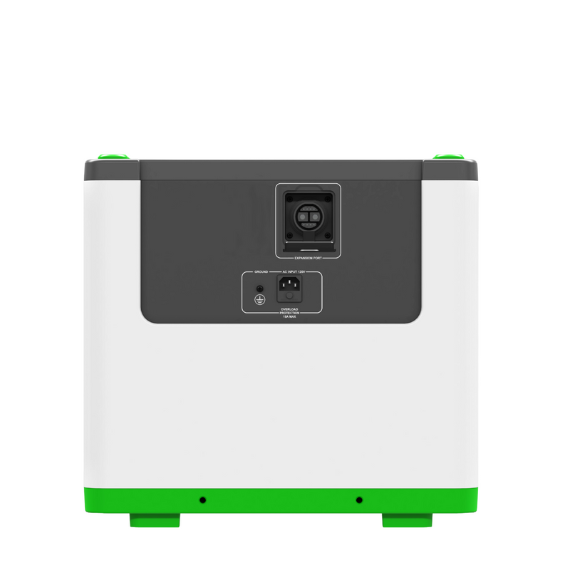 Lithium 3600 Help Center - Product - The rear view of a compact rectangular device with a white body, a dark gray back panel, and bright green accents at the base and top corners, shown on a plain white background. 7
