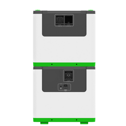 Product - A dual-stack white and gray battery storage system with bright green accents on the top and bottom, shown against a solid white background.