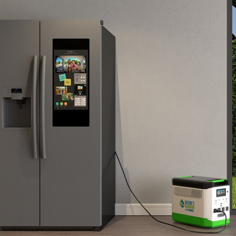 Lithium 1800 - Scene Smart refrigerator with digital display and a power station connected by a cable on a neutral background 18