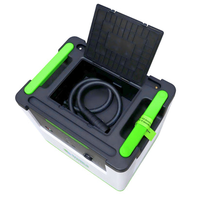 Product -Black and green toolbox with open lid on a white background