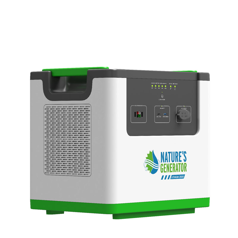 Nature's Generator Lithium 3600 Power Pod - Product - Portable power station with green and gray design on a white background, featuring 'Nature's Generator' branding. 6