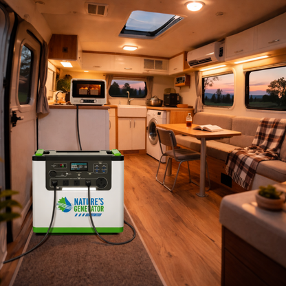 Scene - Portable power station labeled 'Nature's Generator' in a compact living space with furniture and appliances.