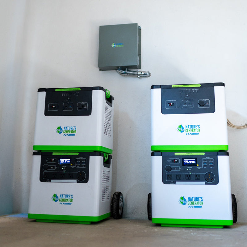 12-Circuit 120/240V 30A Non-Automatic Transfer Switch - Scene Two portable power stations with a control panel mounted on the wall in a room. 12