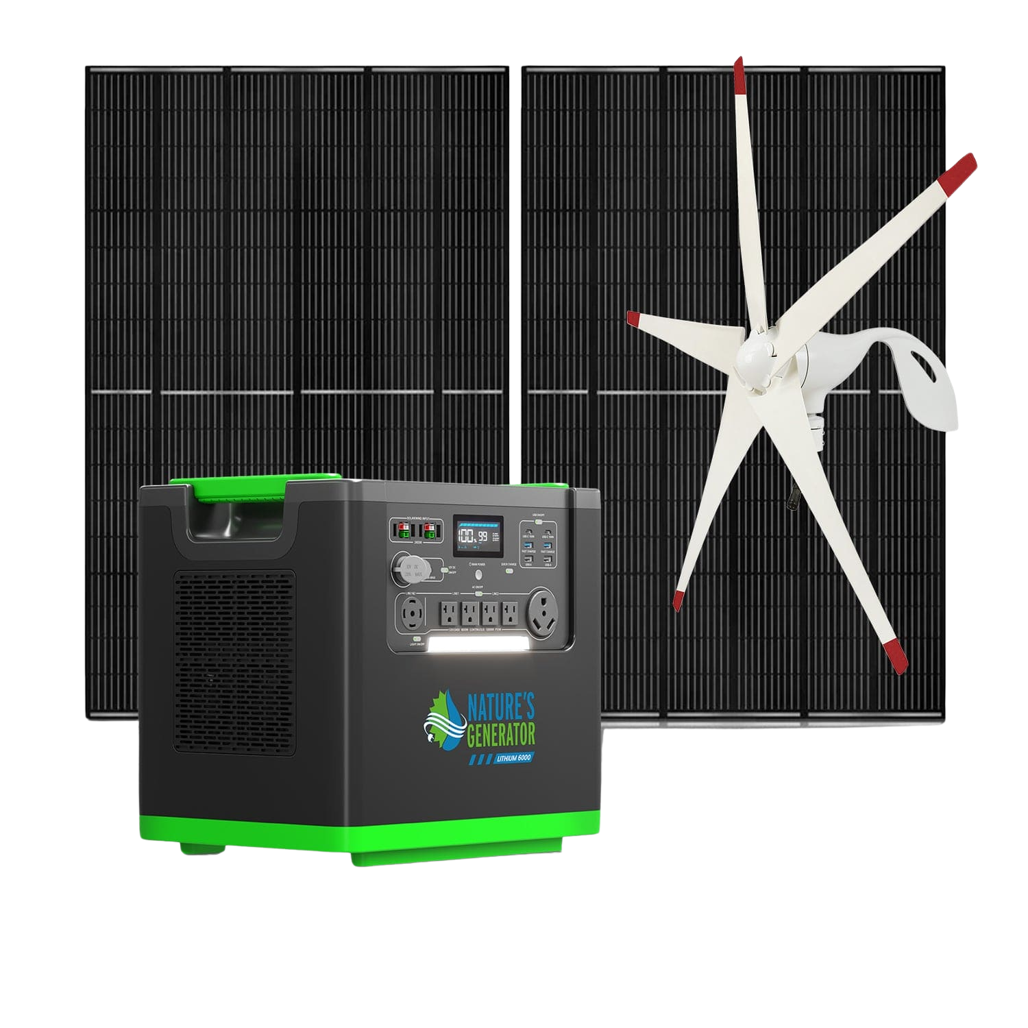 Product Green and black power station with solar panels and wind turbine on a white background