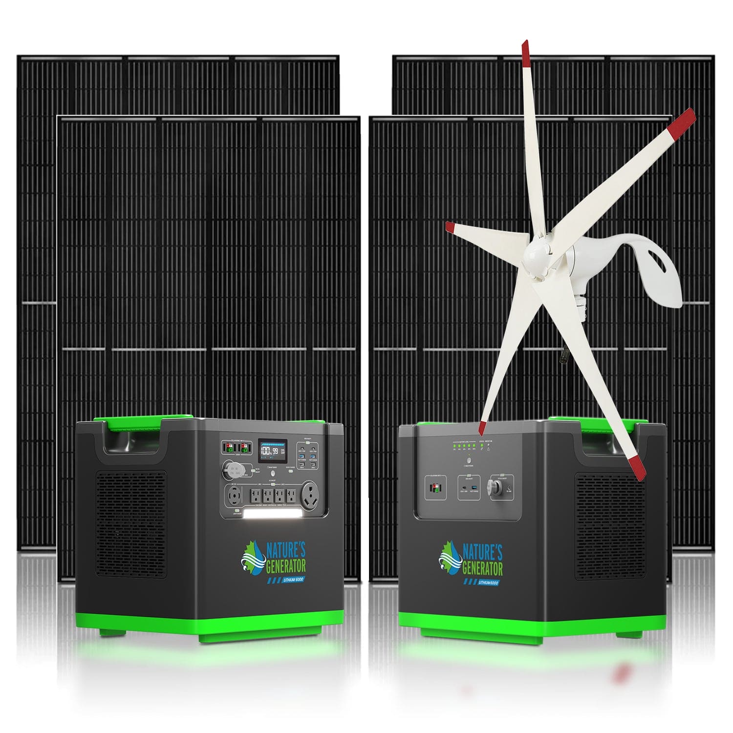 Product 
Two power generators with solar panels and a wind turbine on a white background