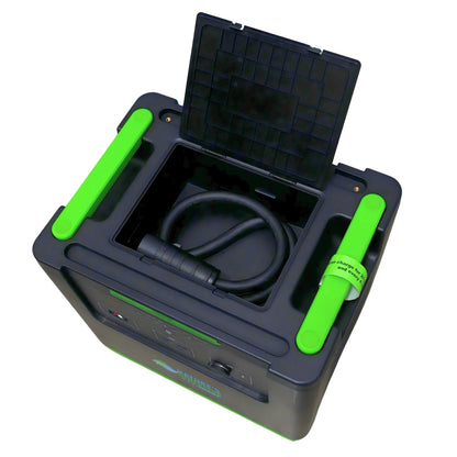 Product - Black and green portable power station with open lid showing cable inside on a white background
