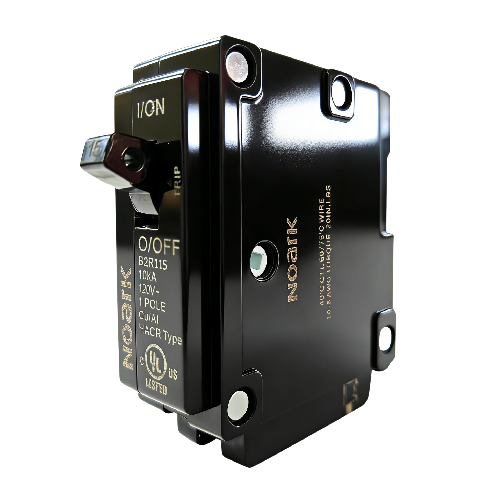 Black electrical circuit breaker with 'NOARK' branding on a white background