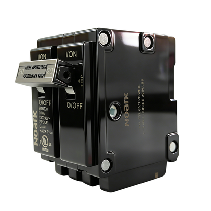 Black electrical circuit breaker with 'Nok' branding on a white background