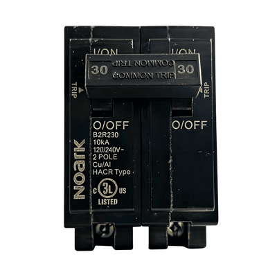Product - Black electrical circuit breaker 2-Pole_30A_120/240V_UL_489 on a white background