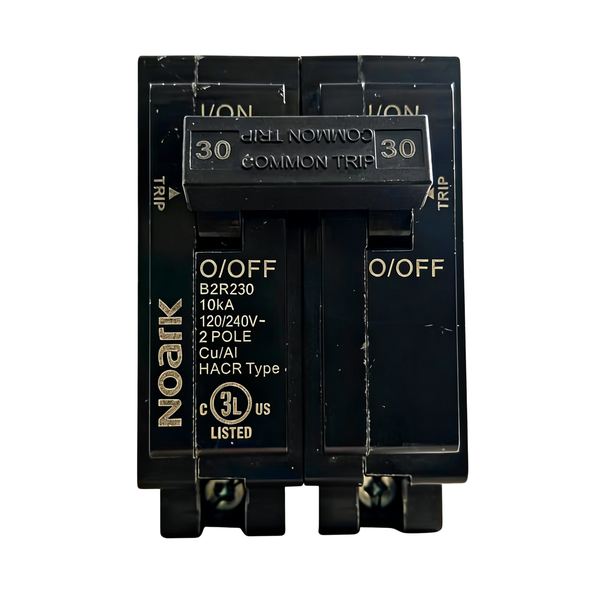 Black electrical circuit breaker 2-Pole_30A_120/240V_UL_489 on a white background