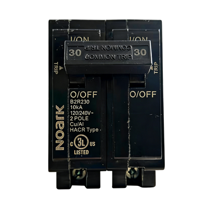 Black electrical circuit breaker 2-Pole_30A_120/240V_UL_489 on a white background