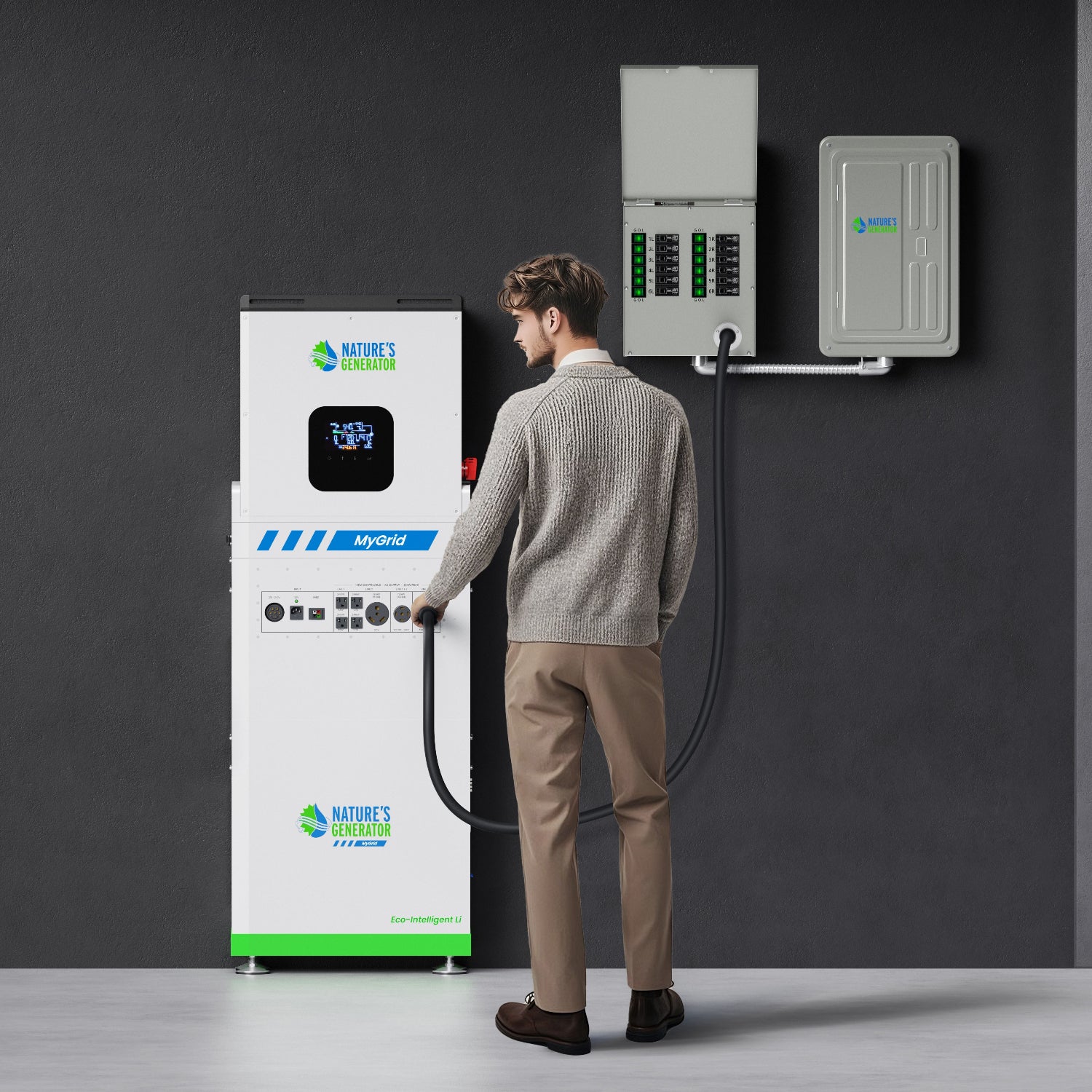 Scene - Person using a home energy storage system with a dark gray background