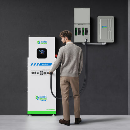 Scene - Person using a home energy storage system with a dark gray background