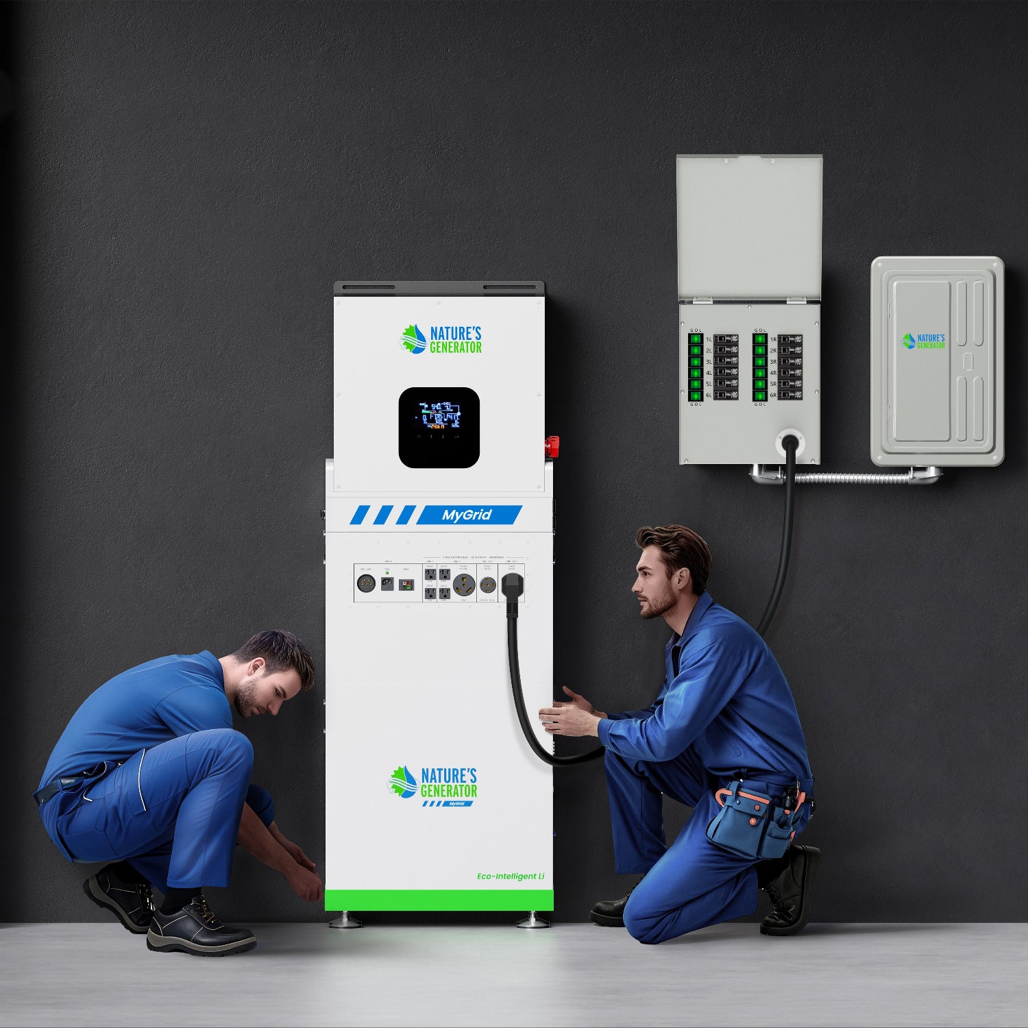 Scene - Two technicians working on a large electrical unit with 'Natures Power' branding against a dark wall.