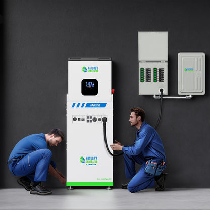 Scene - Two technicians working on a large electrical unit with 'Natures Power' branding against a dark wall.