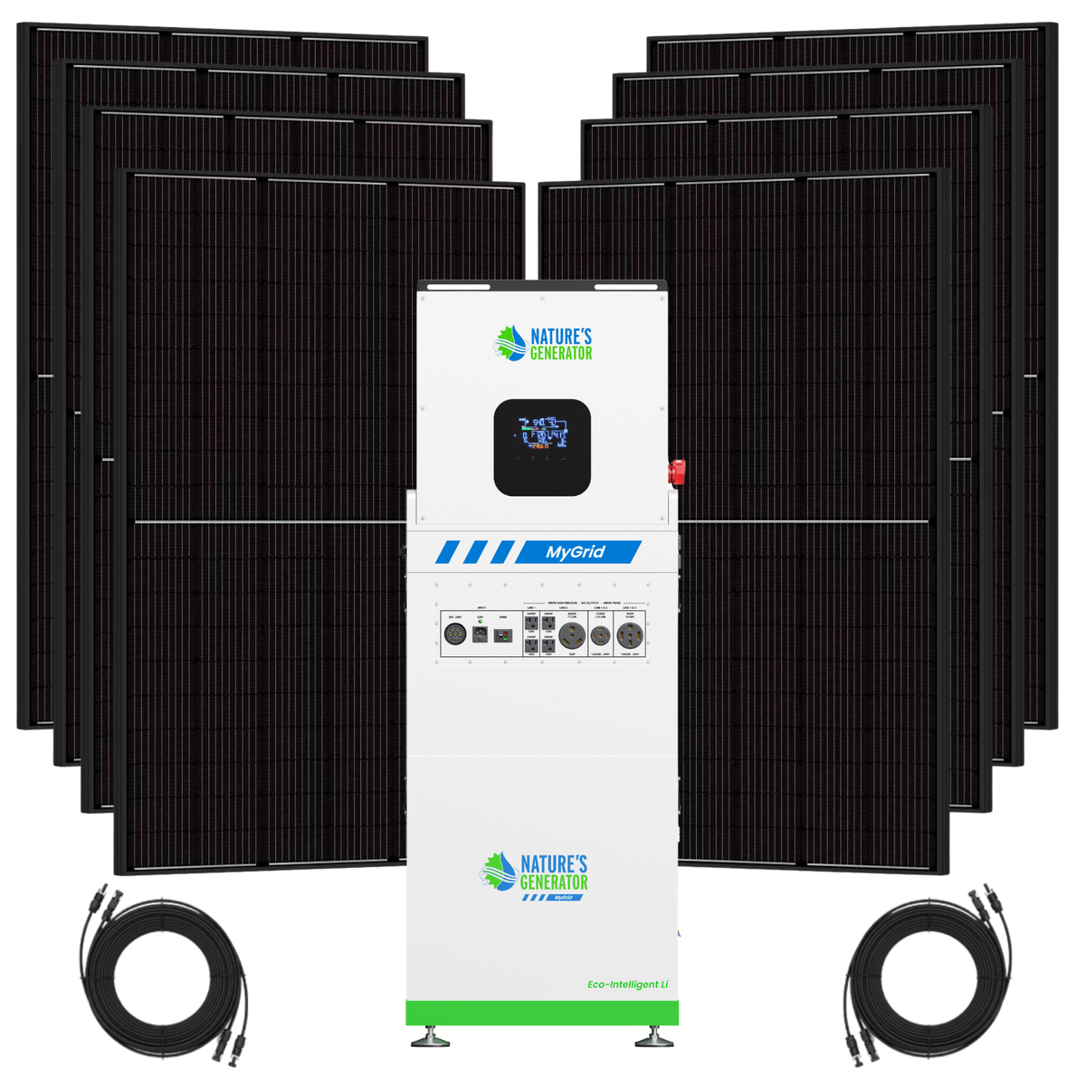 Product - Solar panel system with a central inverter and multiple solar panels on a white background