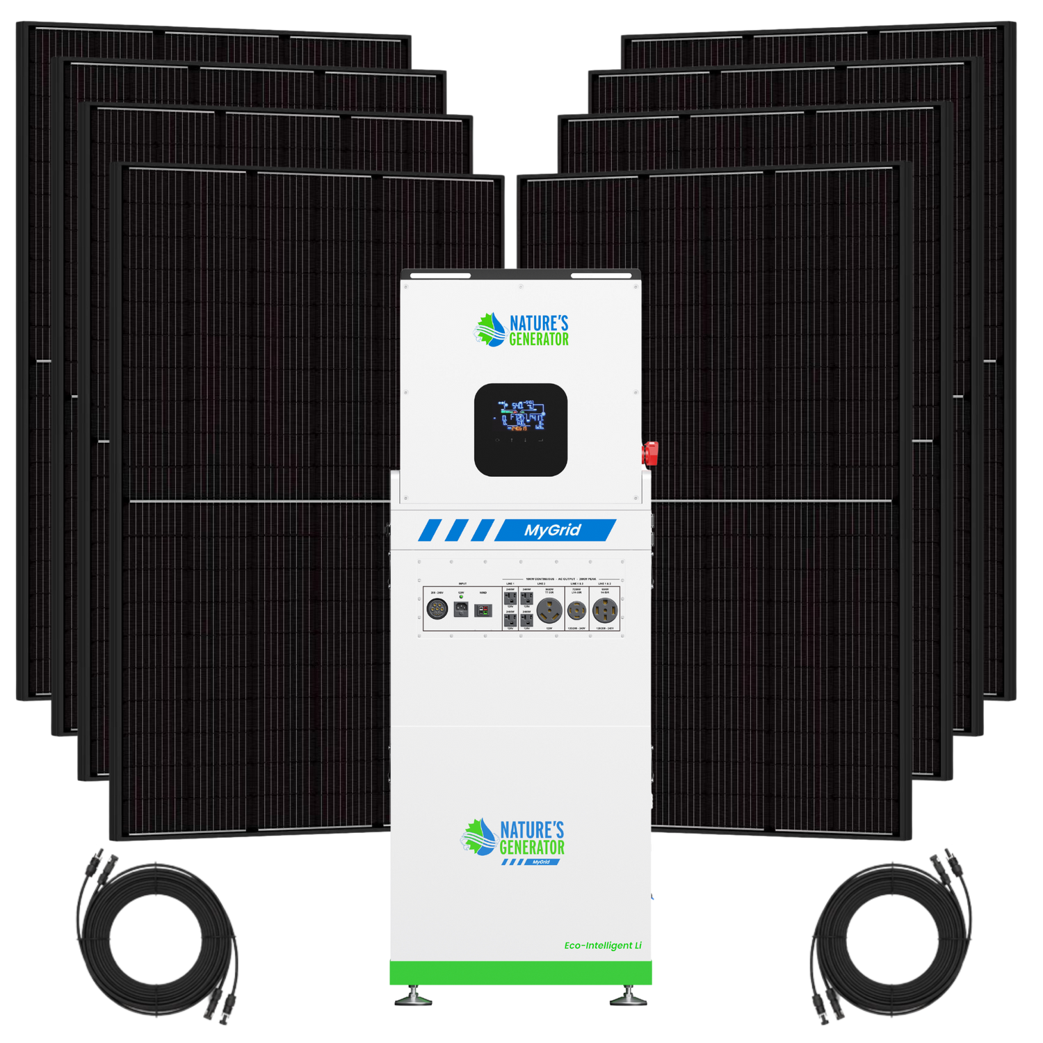 Product - Solar panel system with a central inverter and multiple solar panels on a white background