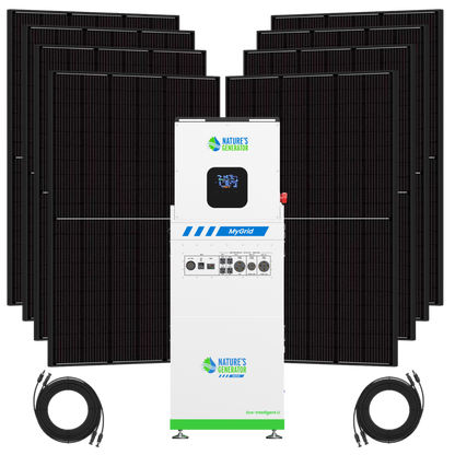 Product - Solar panel system with a central inverter and multiple solar panels on a white background